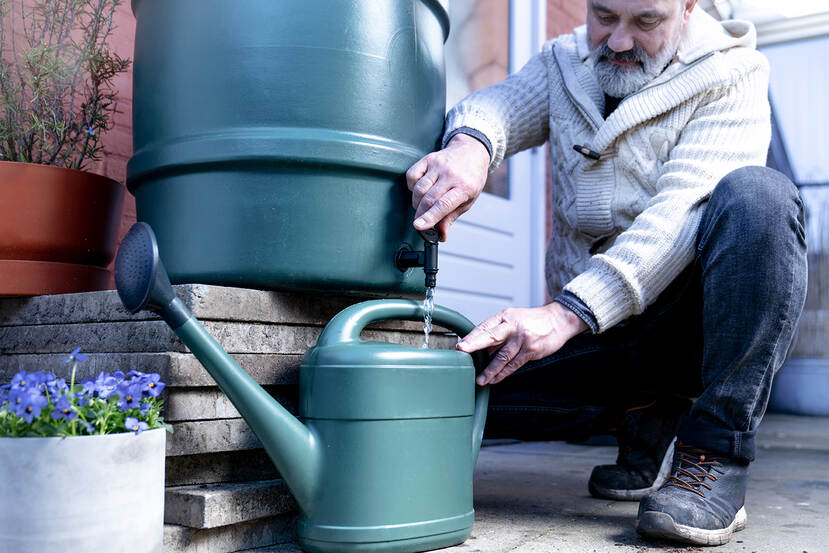 Een man vult een gieter met regenwater uit een groene regenton in de tuin. Naast de regenton staan plantenpotten.