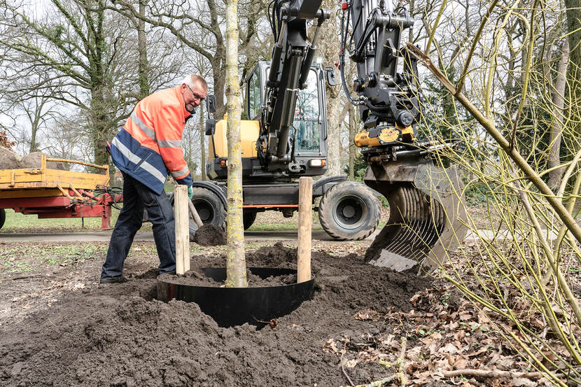 Een medewerken van de gemeente in een oranje jas plant een boom en schept aarde op de wortels. Op de achtergrond staat een gele graafmachine.